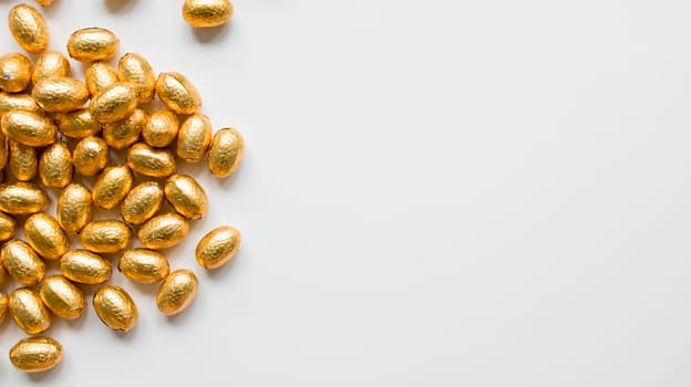 Golden foil wrapped chocolate eggs on white background.