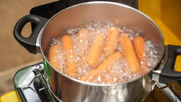 The image features a shiny stainless steel pot filled with bubbling boiling water and vibrant orange carrots. The pot sits atop a portable camping gas burner, showcasing a practical cooking setup.