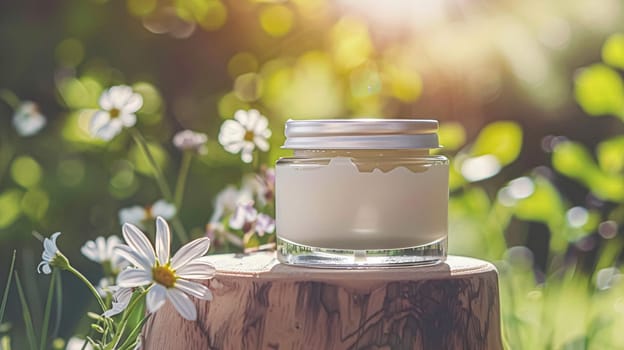 Cosmetic cream in a glass jar. Skin care concept. Background for beauty products