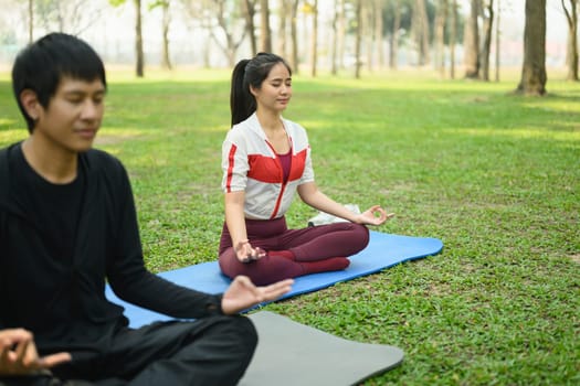 Young couple meditating peacefully in a green park, focus on breathing and stillness.