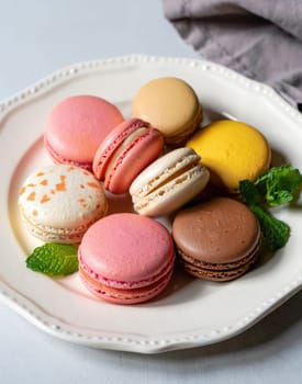 A variety of colorful macarons, including pink, yellow, and brown, are artistically arranged on a white plate. Fresh mint leaves add a touch of green and freshness beside the sweet treats.