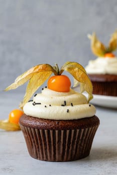 A chocolate cupcake features a swirl of cream frosting adorned with a bright golden berry and dried leaves. The background is soft gray, enhancing the cupcakes details.