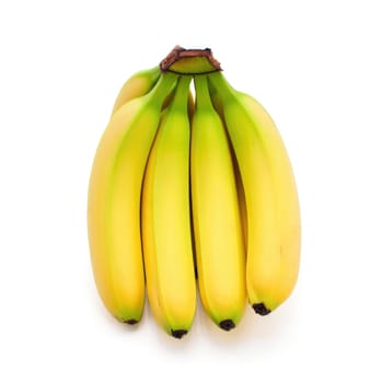 Several ripe bananas with vibrant yellow skin are positioned together on a white background, showcasing their natural sweetness and appeal.