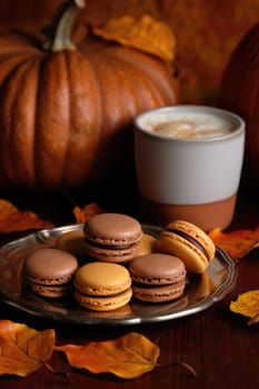 A tray holds an assortment of macarons in chocolate and caramel flavors, with pumpkins and autumn leaves in the background. A warm drink adds to the cozy fall atmosphere.