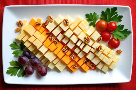 Cheese is cut into cubes and arranged in a heart shape on a white platter, accompanied by cherry tomatoes, grapes, walnuts, and fresh parsley, creating a colorful and inviting display.
