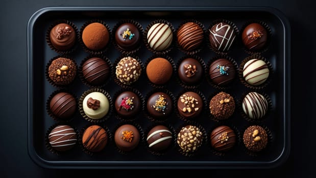 A collection of various handmade chocolates neatly arranged in a black tray. The chocolates come in different shapes, sizes, and toppings, showcasing a variety of rich flavors and textures.