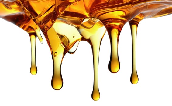 Thick golden syrup slowly drips from a spoon, highlighting its smooth texture and rich amber color. The simplicity of the background emphasizes the syrups luscious appearance.
