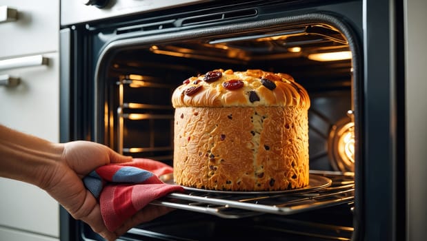A baker is carefully taking a large, golden brown cake out of an oven. The kitchen features modern appliances and bright lighting.