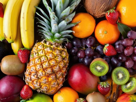 A vibrant assortment of tropical fruits is arranged in a colorful setting. Featured are bananas, pineapples, strawberries, and various citrus fruits, showcasing a bounty of freshness.