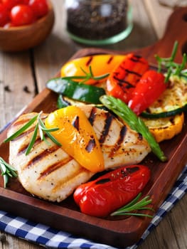 Grilled chicken fillets and assorted colorful vegetables are arranged on a wooden platter. The dish features vibrant peppers, zucchini, and green beans, highlighting a healthy meal preparation.