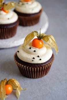 Chocolate cupcakes feature creamy white frosting and a bright fruit topping, accompanied by a delicate golden husk. The rustic gray surface enhances the inviting appearance of the treats.