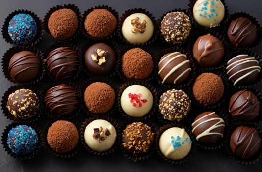 A variety of handmade truffles featuring different coatings and toppings arranged neatly.