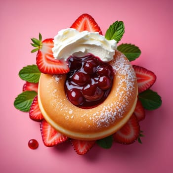 A soft donut is adorned with a swirl of whipped cream and a mix of strawberries and cherry filling. Fresh strawberry slices surround the donut on a vibrant pink background.