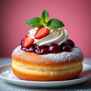 A freshly baked donut topped with a swirl of whipped cream, layers of fruit jam, and fresh strawberries. The vibrant colors create an inviting dessert perfect for any occasion.
