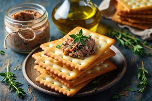 Crispy crackers topped with a flavorful savory spread sit on a wooden plate, complemented by a drizzle of olive oil.