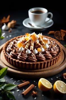 A delicious chocolate tart decorated with fruits, cream, and crispy elements sits on a wooden board. Beside it is a steaming cup of coffee on a saucer, creating a warm atmosphere.