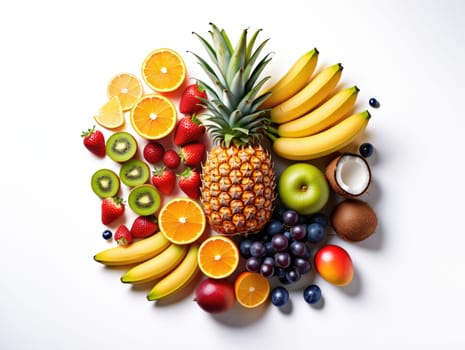 A vibrant collection of assorted fruits is artistically arranged on a white surface. Featured are bananas, strawberries, kiwis, oranges, and a pineapple, creating a joyful visual feast.