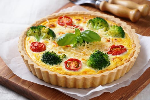 A delicious vegetable tart featuring vibrant broccoli and cherry tomatoes, baked to perfection. Fresh basil adds a fragrant touch, and the tart is presented on a rustic wooden board.