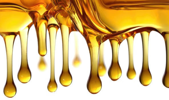 Thick golden syrup drips gracefully from a surface, creating an elegant cascade. The rich color and texture evoke a feeling of sweetness and indulgence, captivating the viewers attention.