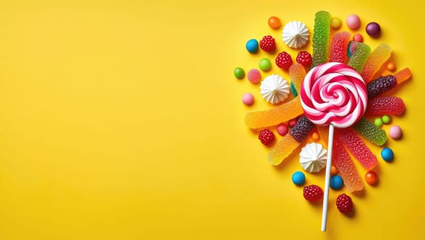 A collection of vibrant candies arranged creatively on a sunny yellow background.