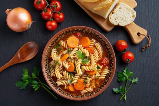 A vibrant pasta dish is presented in a rustic bowl, featuring colorful carrots, cherry tomatoes, and fresh herbs. Ingredients like onions and bread accompany the meal, creating an inviting atmosphere.