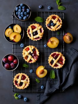 Freshly baked fruit tarts filled with berries and plums are beautifully displayed on a wire rack. Blueberries, plums, and mint leaves enhance the overall presentation.