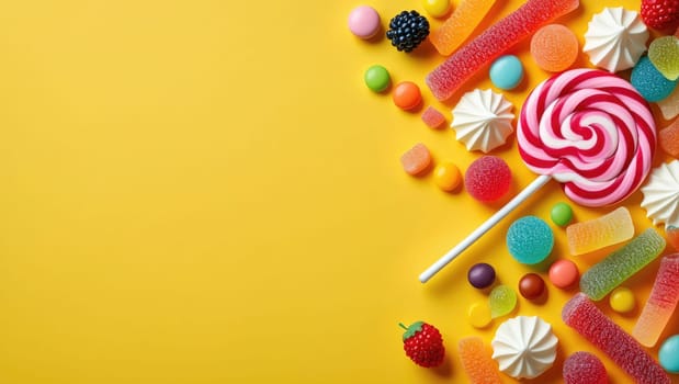 An enticing mix of candies is scattered across a vibrant yellow background, showcasing gummy sweets, lollipops, and chocolate treats, creating a playful treat for all ages.