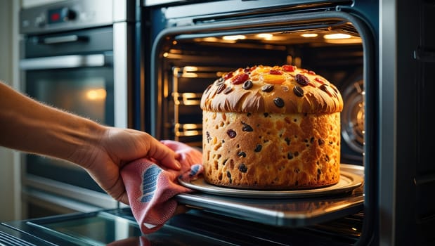 A person is carefully removing a large round loaf of bread from an oven. The bread has a golden crust adorned with various toppings and is still warm.