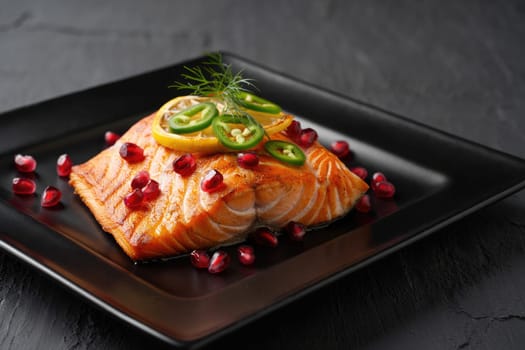 A beautifully presented grilled salmon fillet topped with fresh lime slices and jalapenos, surrounded by vibrant pomegranate seeds. This dish showcases an appealing combination of colors.