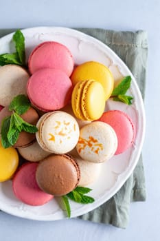 An enticing selection of colorful macarons is arranged on a decorative plate, garnished with fresh mint leaves.