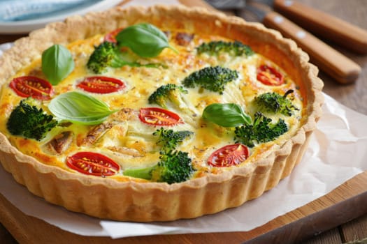 This delicious vegetable quiche features a savory filling of broccoli, cherry tomatoes, and fresh basil atop a golden crust. Perfect for brunch, it showcases vibrant colors and appetizing textures.