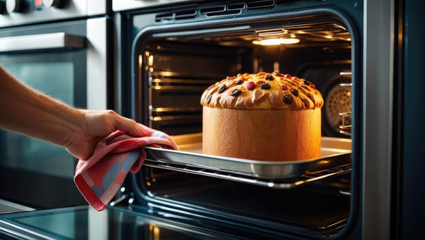 A person is gently pulling a freshly baked fruit cake from an oven, displaying its golden crust and colorful toppings. The kitchen is warm and inviting, perfect for holiday gatherings.