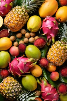 A colorful collection of tropical fruits includes pineapples, dragon fruits, and mangoes arranged on green leaves. The bright hues showcase the freshness and diversity of exotic produce.