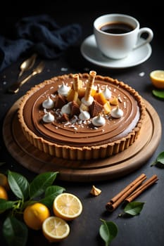 A rich chocolate tart is elegantly presented on a wooden platter, adorned with fruits, meringues, and chocolate cones. A cup of coffee accompanies the dessert, adding a cozy touch.