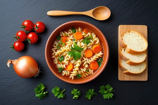 A bowl of vegetable soup featuring pasta and carrots is placed on a dark surface. Fresh tomatoes and an onion are nearby, with slices of bread arranged on a wooden board.