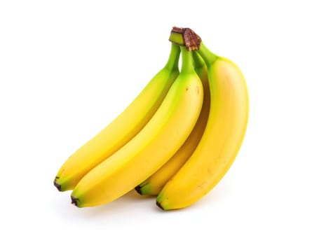 Four ripe yellow bananas rest against a plain white background, showcasing their smooth texture and vibrant color. Ideal for snacking, baking, or adding to smoothies.