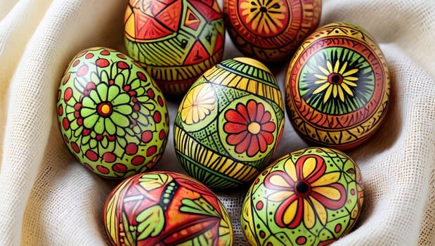 A collection of vibrant hand painted eggs featuring intricate floral and geometric designs sits in a soft cloth. These eggs are part of a traditional spring festival decoration.
