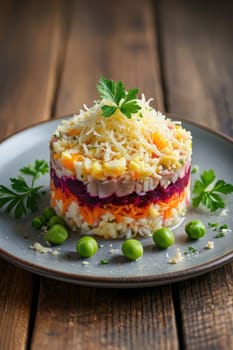 A vibrant layered salad features colorful ingredients, including carrots, peas, and beetroots, arranged in an artistic manner. The dish is garnished with fresh herbs and grated cheese.