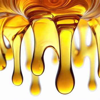Golden honey flows steadily from a spoon, forming smooth, glossy drops that catch the light. The rich, vibrant color suggests sweetness and warmth, inviting a taste.