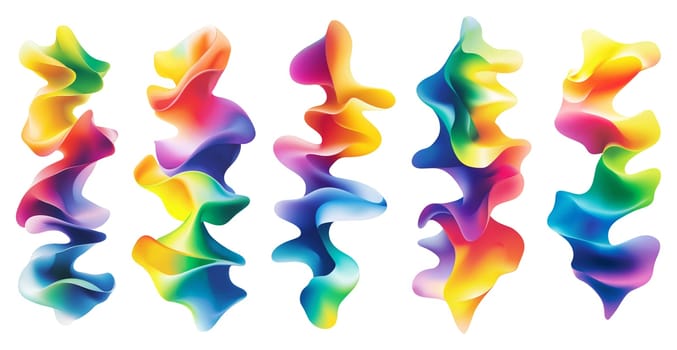 A collection of five abstract shapes displays vibrant colors and smooth gradients, twisting and flowing in an artistic arrangement. Each shape contributes to a playful and dynamic visual effect.