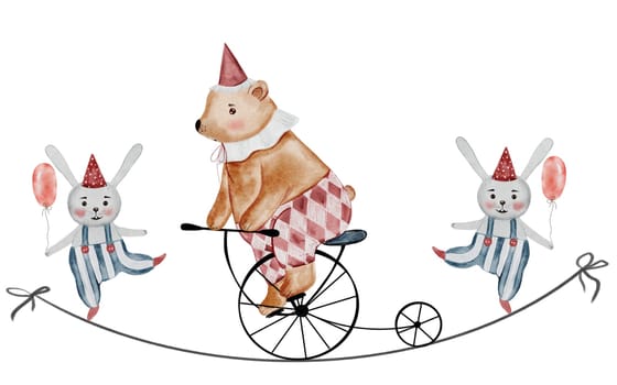 Circus watercolor. Illustration of a Circus bear riding a bicycle on a tightrope and the acrobat bunnies. Hand drawn cute animals on isolated white background. Clip art of a bear in a festive cap, with a collar and pants. Perfect for posters and cards for baby shower. Drawing for children