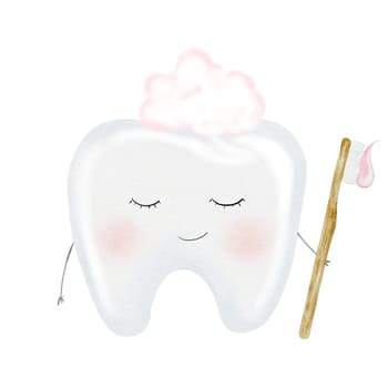 Tooth watercolor. Cute cartoon baby molar with toothbrush on isolated white background. Dental clip art. Ideal for cards and invitations to the party baby's first tooth, posters in the doctor's office. High quality illustration