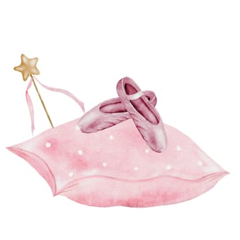 Pointe shoes watercolor. Hand drawn pink ballerina accessories on a pillow on isolated white background. Clip art of elegant satin ballet shoes . Ideal card for ballet and dance and posters. High quality illustration