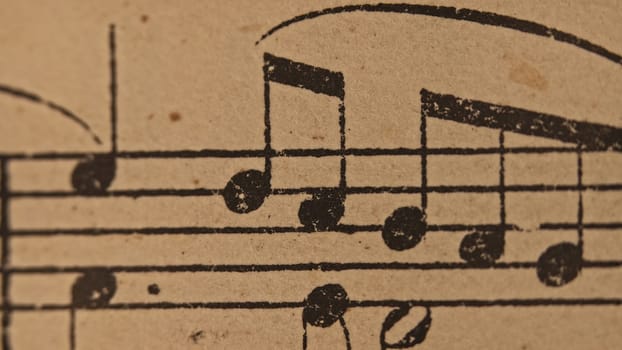 Slider macro of Mozart aged book with music notes sheet. Archival manuscripts, vintage musical score for piano. Educational symbols for musician. High quality