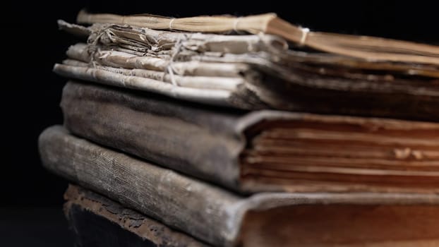 Close-up macro view of old book spines, revealing cracked leather, worn pages. Rich textures, faded bindings capture. History, antique literature. Nostalgia, knowledge, time concept. High quality