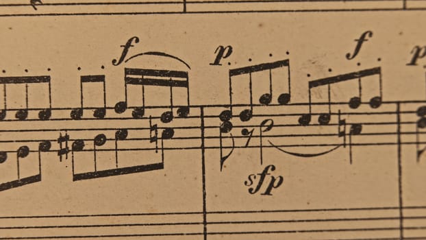 Slider macro of Mozart aged book with music notes sheet. Archival manuscripts, vintage musical score for piano. Educational symbols for musician. High quality