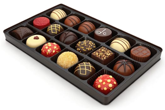 A beautifully crafted selection of handmade chocolates is arranged neatly in a black box. Each piece showcases unique designs and flavors, perfect for gifting or indulging in personal treats.