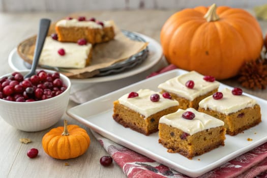 Treat yourself to delicious cranberry pumpkin bars topped with creamy frosting. Perfect for fall gatherings, these bars bring festive flavors to any table, complemented by pumpkin and cranberries.