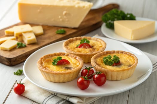 Four baked egg tarts are beautifully arranged on a round white plate. Cherry tomatoes and fresh herbs complement the tarts, adding color.
