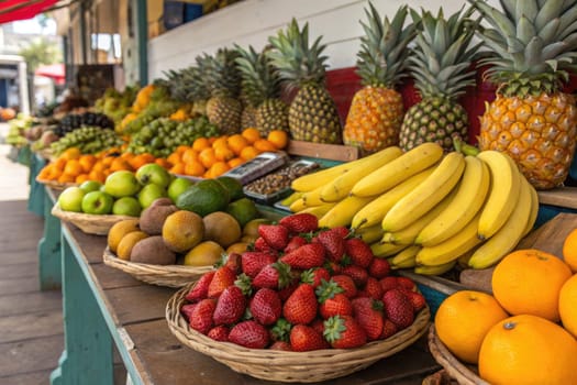 A variety of tropical fruits including pineapples, bananas, and strawberries are beautifully arranged at a market stall. The setting is lively and colorful, showcasing fresh produce.